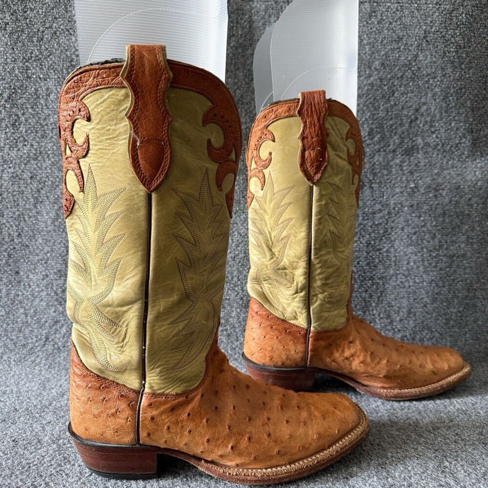 Vintage Justin Premium 24kt Gold Full Quill Ostrich Boots Cognac Olive Size 7.5